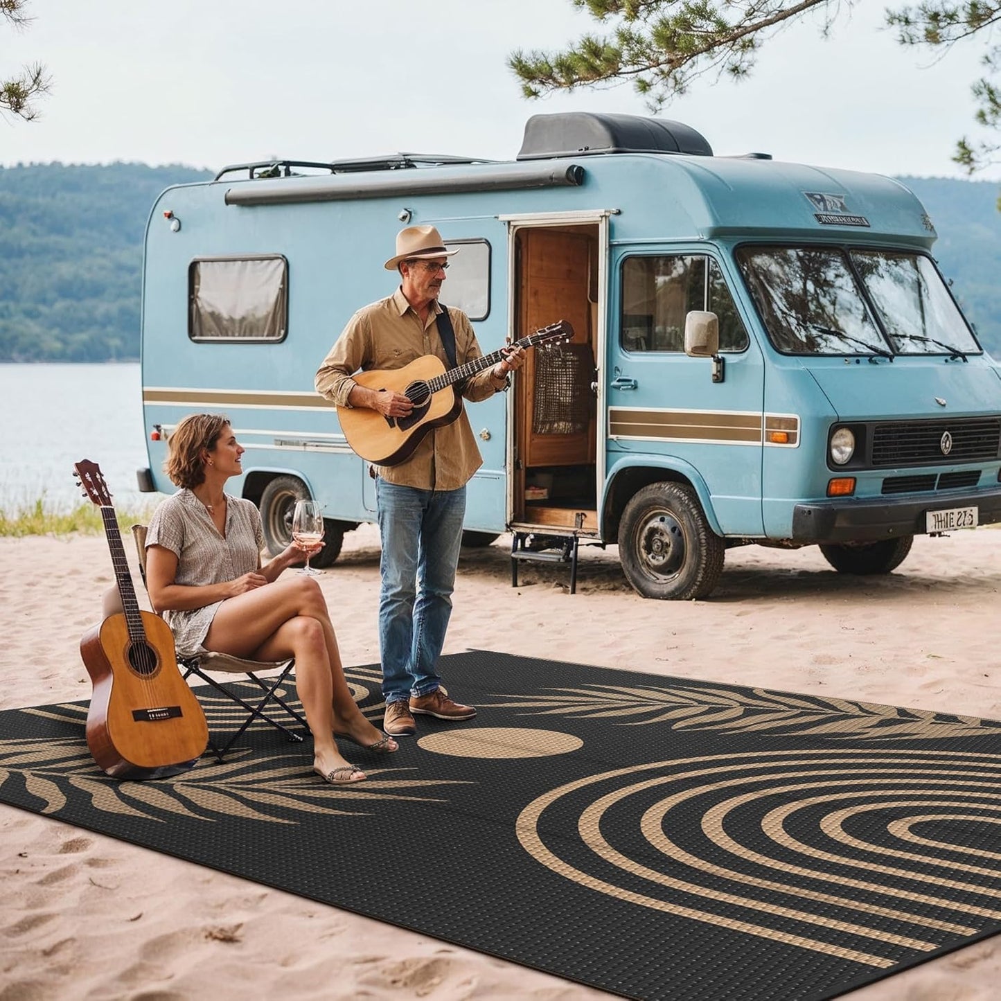 GENIMO Outdoor Rug 9' x 12' Waterproof for Patio Clearance, Reversible Lightweight Plastic Straw Camping Carpet, Large Area Rugs Mats for Rv, Backyard, Deck, Porch, Picnic, Balcony, Mix-Black & Brown