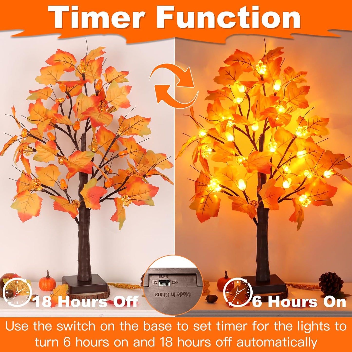 2 Pack 24 Inch Prelit Fall Maple Tree Fall Decor with 48 LED Timer Battery Operated Artificial Fall Light Up Tree Pumpkin Maple Acorn for Fall Thanksgiving Decorations Table Home Indoor Autumn Harvest