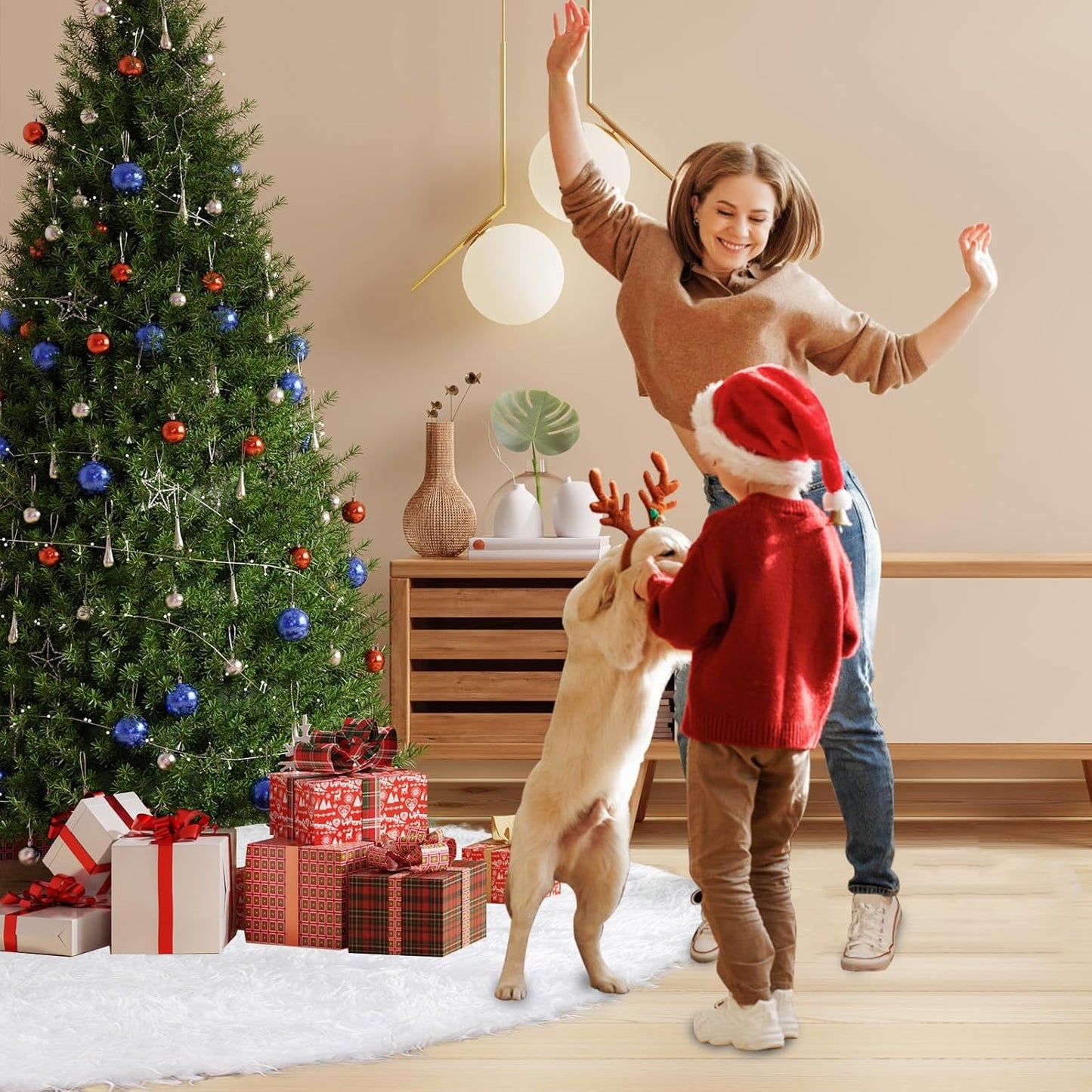 48 Inch Christmas Tree Skirt, White Plush Faux Fur Tree Skirts for 7.5 to 9 ft Trees, Snowy Xmas Tree Mat Decorations for Holiday Christmas Halloween Indoor Outdoor Decor