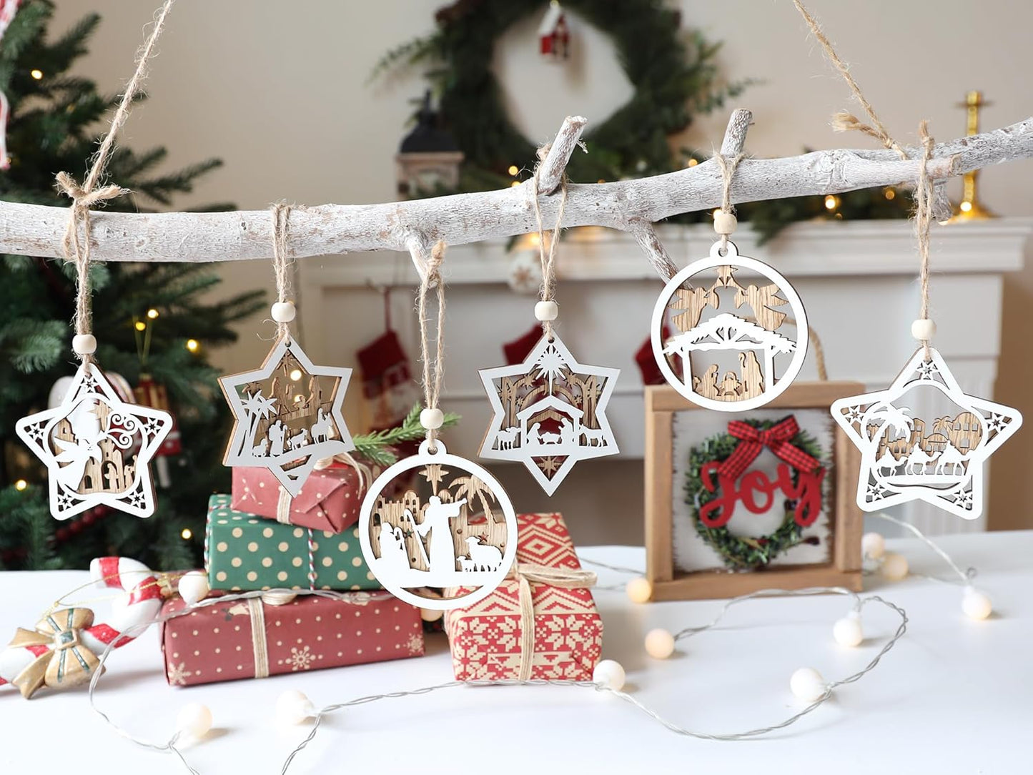 18Pcs Nativity Christmas Tree Ornaments Set, Wooden Nativity Scene Ornament, Religious Gift for Christian Family Christmas Decoration