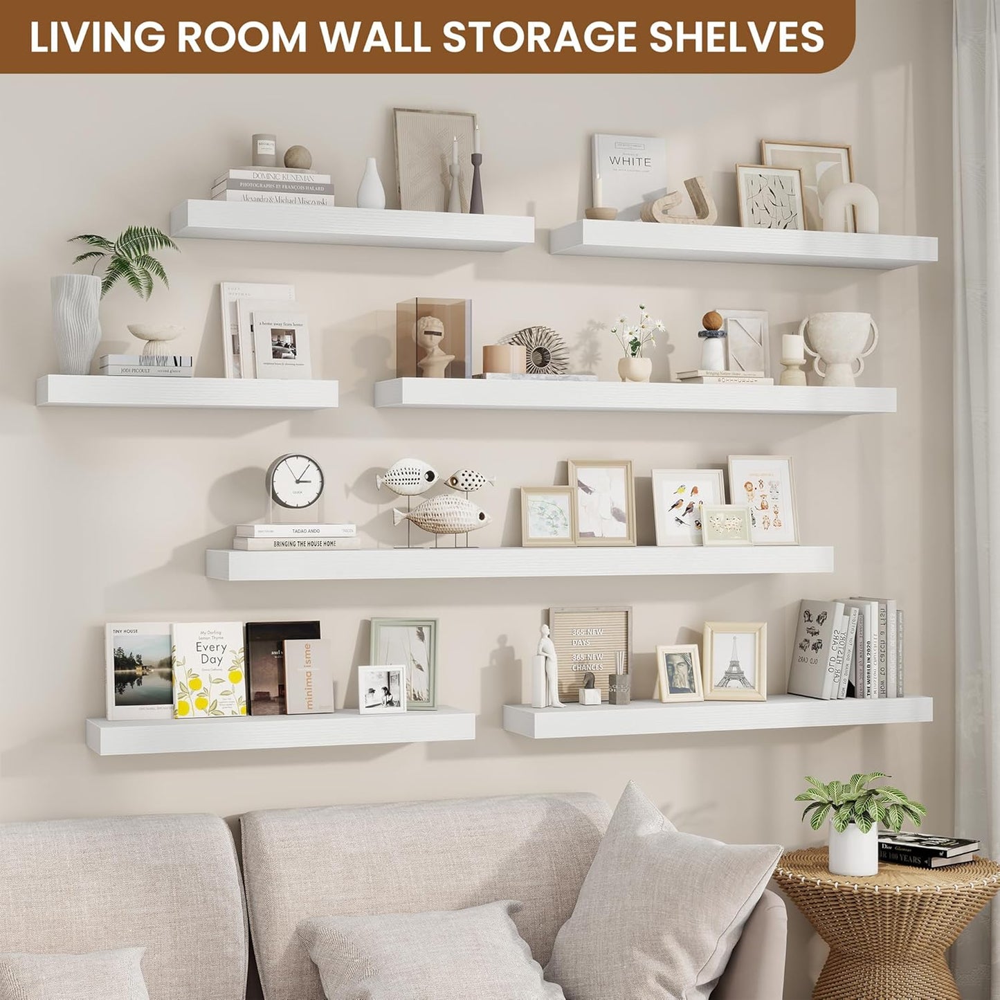 fuqing Floating Shelves for Wall, Bathroom Shelf Wall Mounted for Storage, Shelves with Invisible Bracket for Bedroom, Kitchen, Living Room, Farmhouse Small Book Shelf, 55 Inch Set of 2, White