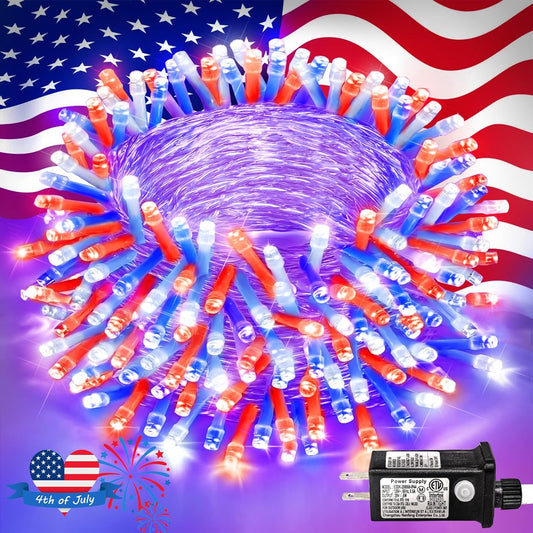4th of July Decorations Outdoor Red White and Blue Lights, 82FT 250 LED 4th of July Lights Connectable Patriotic String Light Plug in for Memorial Day Independence Day Decorations