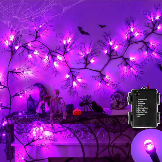 9 Ft 66 LED Willow Vine Twig Decor Black Halloween Garland with Purple Lights, Timer 8 Modes Waterproof Battery Operated Indoor Halloween Decorations for Wall Fireplace Mantle Home Office Party Decor
