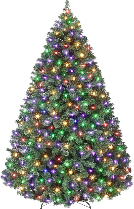 7.5ft Prelit Christmas Tree - Fluffy Fraser Fir with 600 Multicolor Lights & 9 Modes, Hinged Branches & 1300 Tips, Artificial Christmas Tree Includes Stand with Foot Switch for Holiday Home Decor
