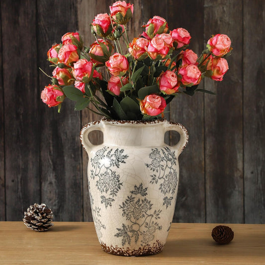 Enra Vintage vase with Handle,9.4 inch Blue and White Ceramic Decorative Flower vase, Chinoiserie Floral Vase,Large Rustic Vases for Home Decors, Living Room, Bookshelf, Office