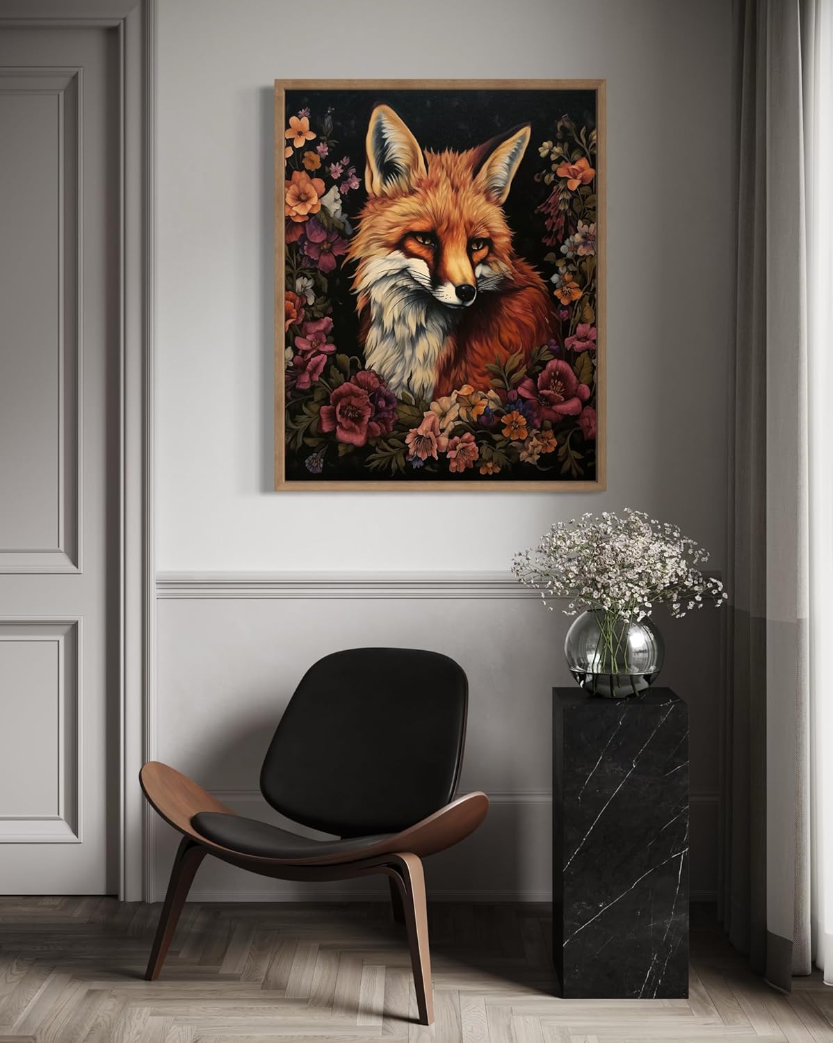 Fox and Flower Poster Art Print, Halloween Scary Vintage Wall Art Academia Spooky Painting Decoration for Horror Prints, Gothic Posters Bedroom Decor 89 (Fox and Flower, 16 x 20 inches, Wood Frame)