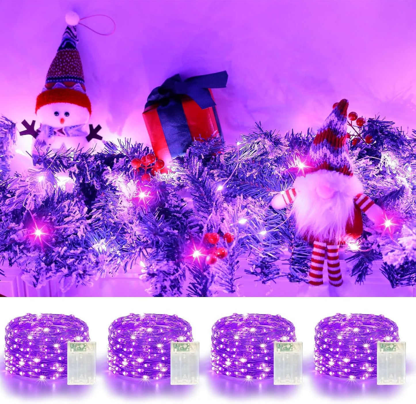 4 Pack 60LED Halloween Fairy Lights Battery Operated - 20FT Twinkle Lights with 2 Lighting Modes Indoor Outdoor, Waterproof Led Fairy String Lights for Christmas, Bedroom, Dorm, DIY Decor, Purple