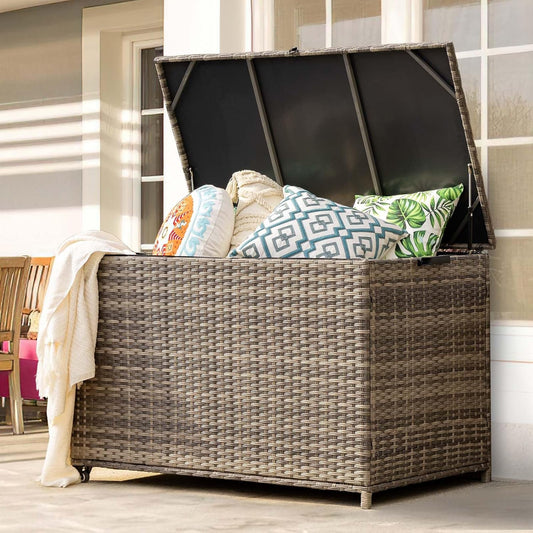 178 Gallon Outdoor Storage Box, Patio Deck Box with 2 Wheels, Handle Large Portable Wicker Rattan Deck Box for Patio Furniture Cushions, Throw Pillows, Garden Tools and Pool Floats (Gray)