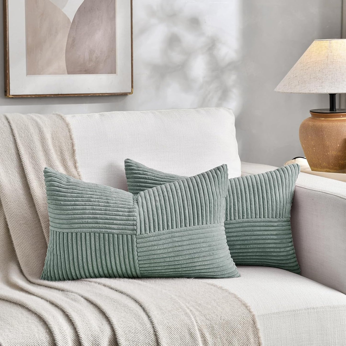 Fancy Homi 2 Packs Grey Blue Long Lumbar Decorative Throw Pillow Covers 12x24 Inch for Couch Bed Sofa, Rustic Farmhouse Boho Home Decor, Soft Striped Corduroy Rectangle Accent Cushion Case 30x60 cm