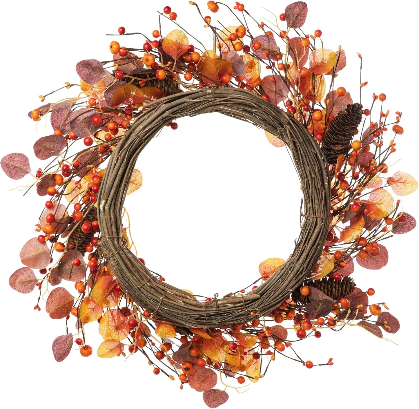 Glitzhome 22" D Fall Eucalyptus Berry Wreath, Artificial Wreaths Rustic Hanging Ornaments for Fall Front Door Wall Decor