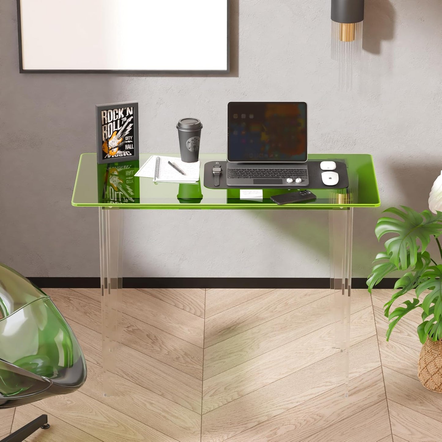 Acrylic Desk, Modern Study Table for HomeOffice-Extended Surface Multi-Purpose Console & EntrywayTable, Sturdy Lightweight Design (42.5-inch, Green)