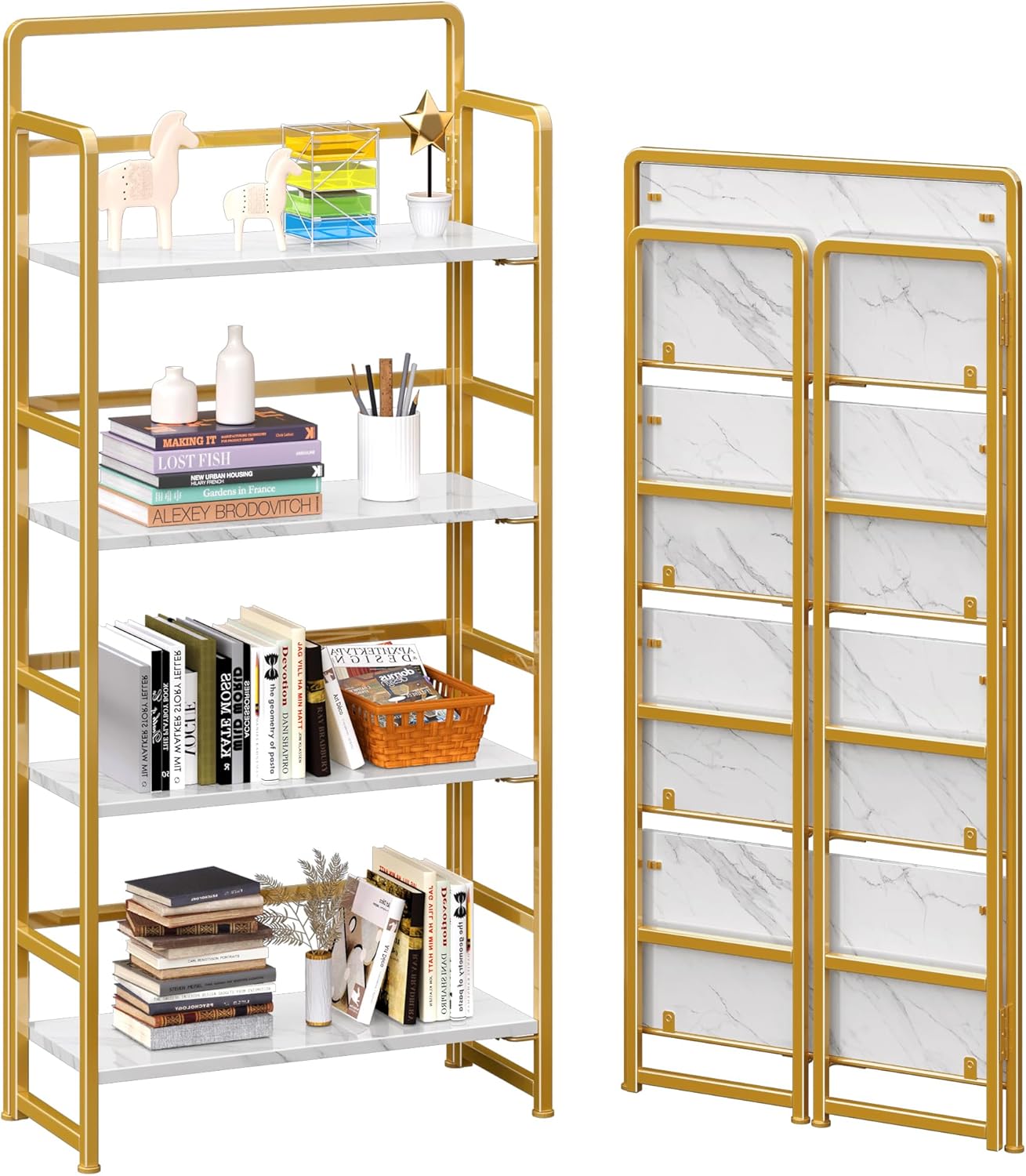 4NM No Assembly Foldable Bookshelf, 4-Shelf Collapsible Bookcase Storage for Small Spaces, 54" H, White and Golden
