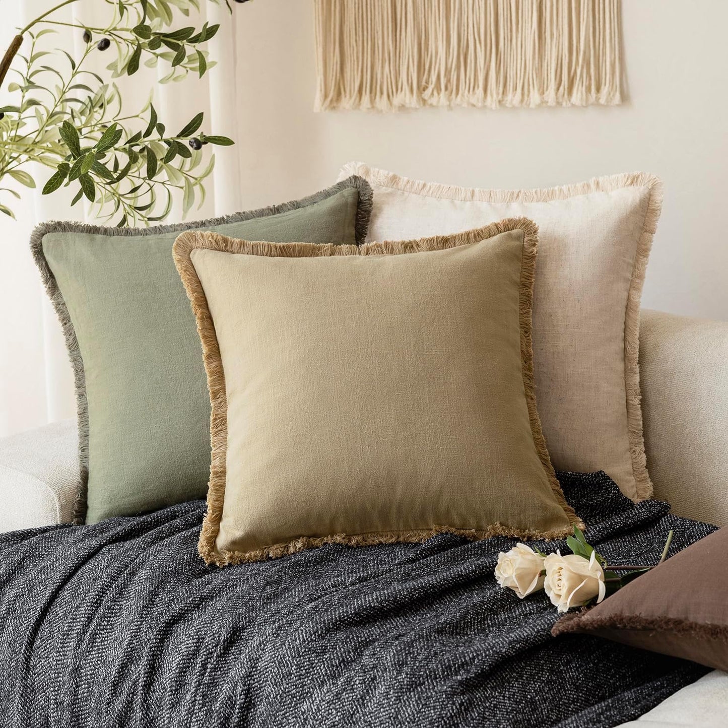 Foindtower Set of 2 Decorative Linen Fringe Lumbar Throw Pillow Covers Farmhouse Cushion Cover with Tassels Accent Pillowcase for Couch Sofa Bed Living Room Home Decor,12×20 Inch,Light Khaki Taupe