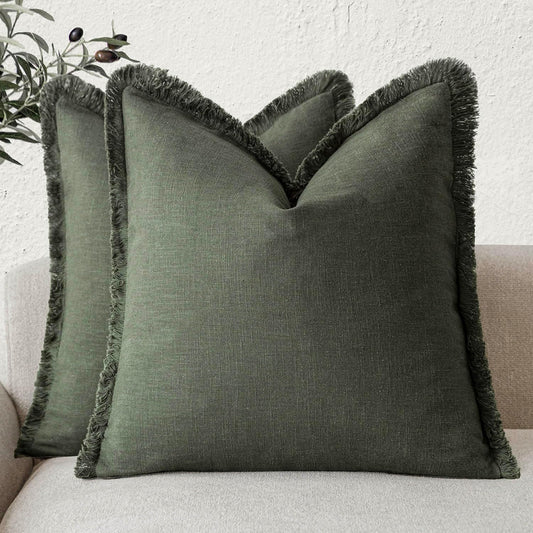 Foindtower Set of 2 Decorative Linen Fringe Throw Pillow Covers Cozy Farmhouse Cushion Cover with Tassels Accent Pillowcase for Couch Chair Sofa Bed Living Room Home Decor,24×24 Inch,Dark Olive Green