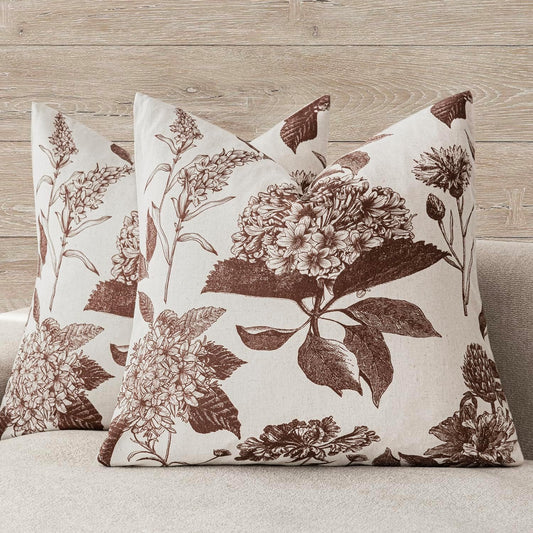 Foindtower Set of 2 Linen Floral Throw Pillow Covers Neutral Vintage Print Decorative Cushion Covers Farmhouse Boho Home Decor for Sofa Chair Couch Bedroom Living Room Outdoor,18×18 Inch,Dark Brown