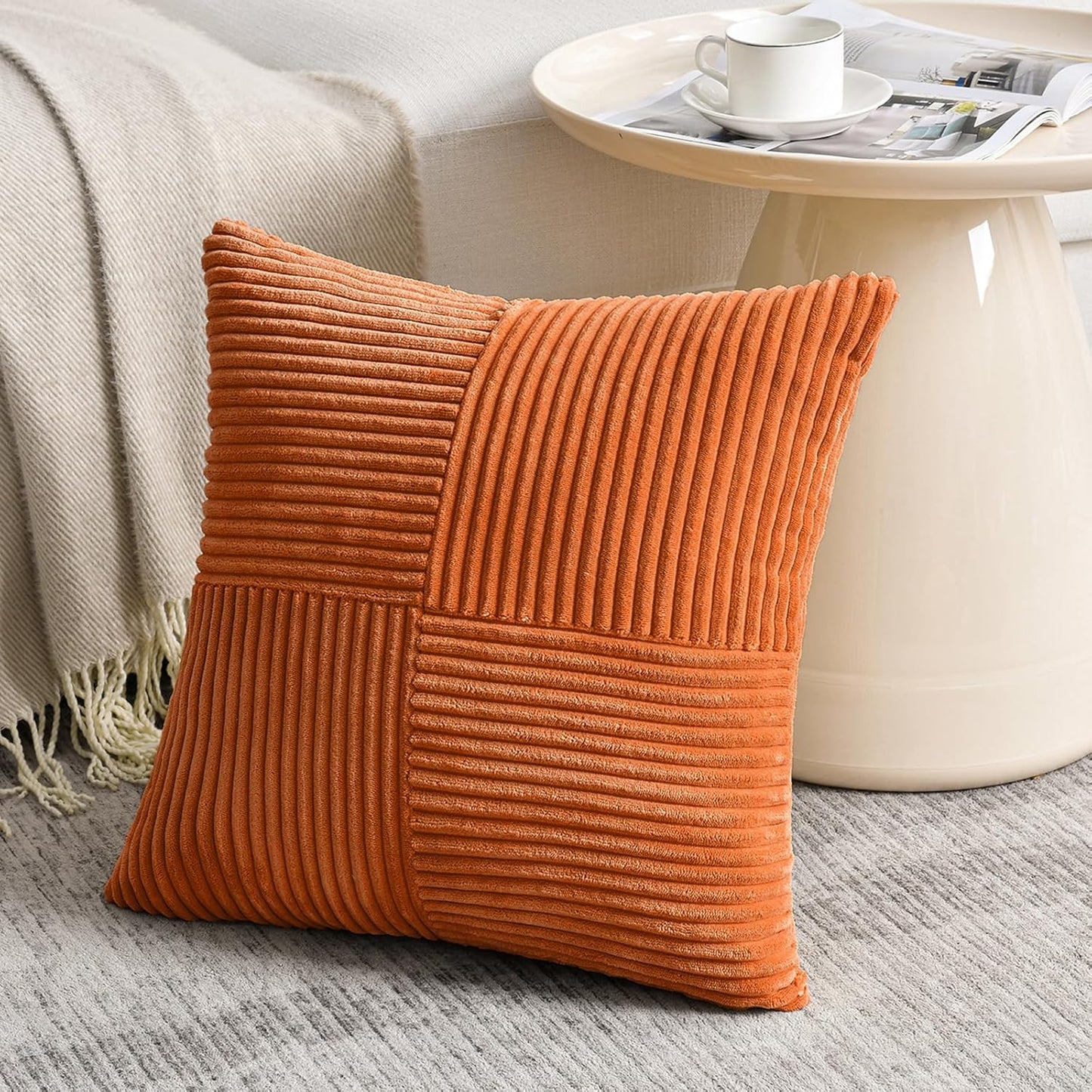 Fancy Homi 2 Packs Orange Fall Decorative Throw Pillow Covers 16x16 Inch for Living Room Couch Bed Sofa, Farmhouse Boho Home Decor, Soft Corss Patchwork Corduroy Textured Square Cushion Case 40x40 cm