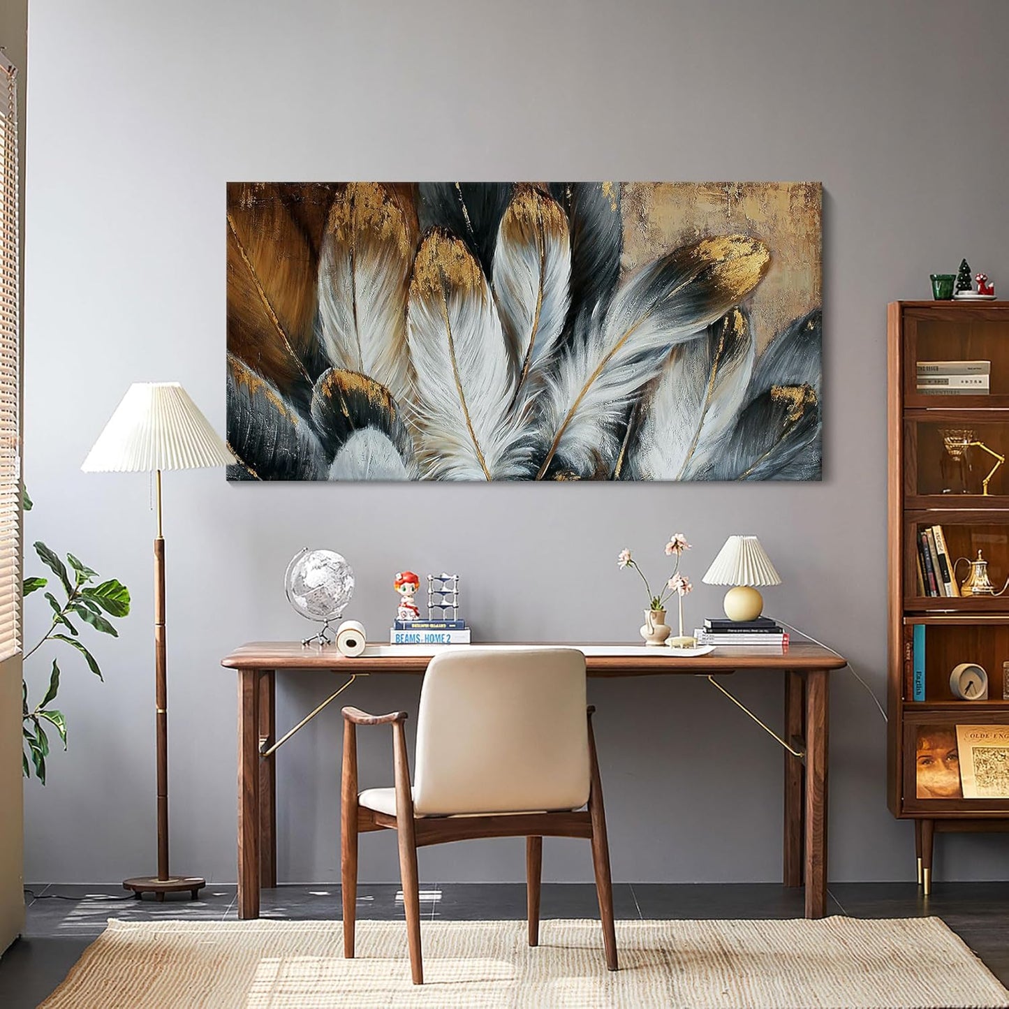 Feather Wall Art Modern Living Room Bedroom Wall Decoration Large Giclee Print Canvas Painting Artwork for Home Decor One Piece White Gold Brown Feather Picture Ready to Hang 24x48 Size