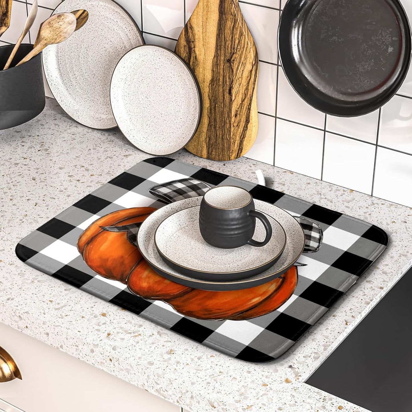 Fall Pumpkin Dish Drying Mat for Kitchen Counter Black White Buffalo Check Thanksgiving Super Absorbent Reversible Microfiber Kitchen Countertop Protector Dishes Pad Small 16x18 inch