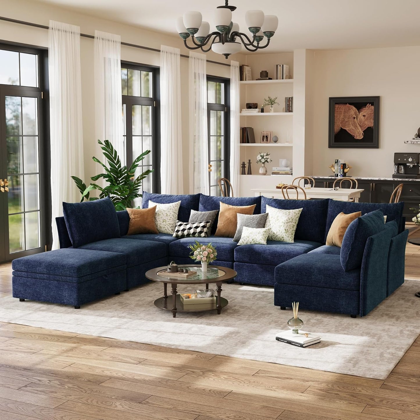 134.6" Oversized Modular Sectional Sofa, Large 7 Seater U Shaped Couch with Storage Ottoman with Reversible Chaise Deep Seat for Living Room, Apartment - Chenille Blue