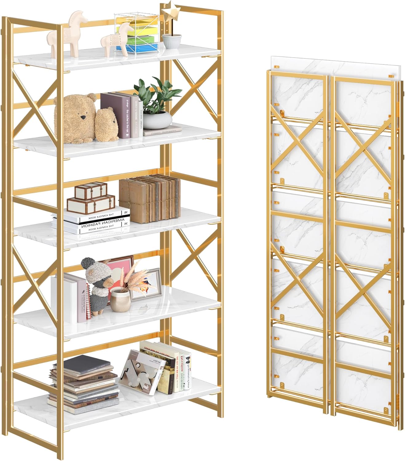 4NM 5 Tiers No Assembly Book Shelves, 51.2" H Folding Bookshelf Bookcase Open Industrial Foldable Shelves for Bedroom, Living Room, Home Office - White Gold