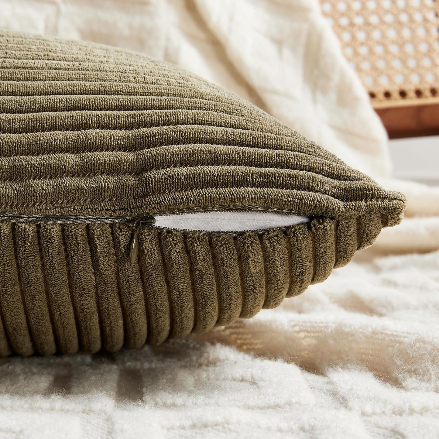 Fancy Homi 2 Packs Olive Green Decorative Throw Pillow Covers 16x16 Inch for Living Room Couch Bed, Rustic Farmhouse Boho Home Decor, Soft Corss Patchwork Corduroy Textured Cushion Case 40x40 cm