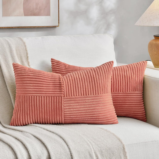 Fancy Homi 2 Packs Coral Lumbar Decorative Throw Pillow Covers 14x24 Inch for Living Room Couch, Rustic Farmhouse Boho Home Decor, Soft Striped Corduroy Rectangle Accent Peach Cushion Case 35x60 cm