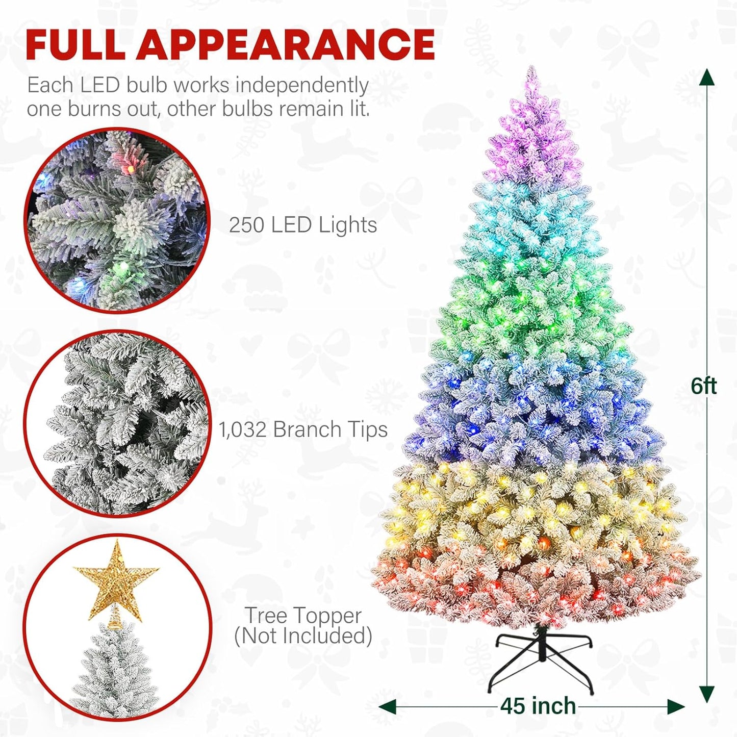 6 ft Lighted Snow Flocked Christmas Tree with Remote Control, 250 Multicolor RGB LED Lights, 1032 PVC Branch Tips, Artificial Hinged Christmas Tree with for Holiday, 15 Modes