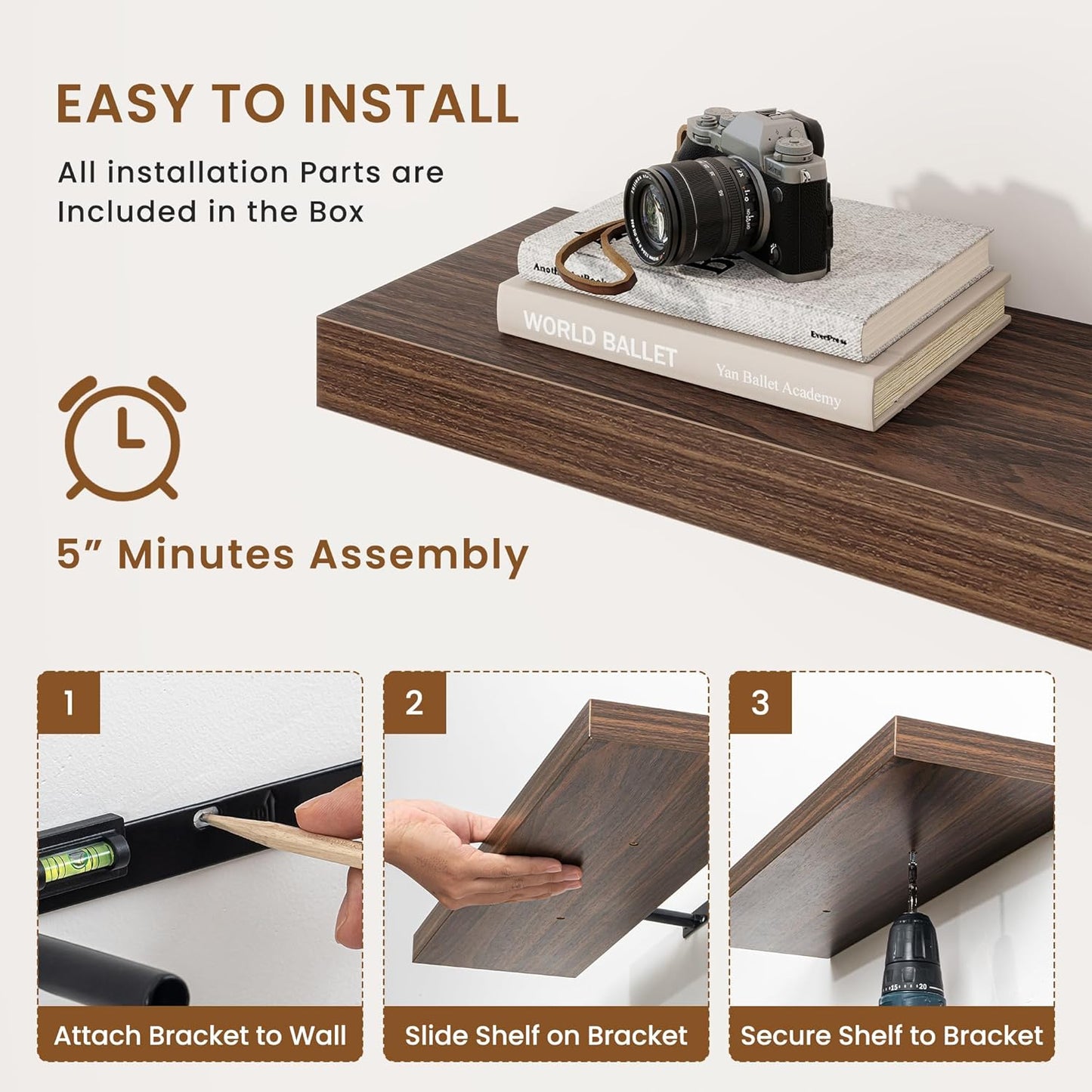 fuqing Floating Shelves for Wall, Bathroom Shelf Wall Mounted for Storage, Shelves with Invisible Bracket for Bedroom, Kitchen, Living Room, Farmhouse Small Book Shelf, 36 Inch Set of 2, Walnut