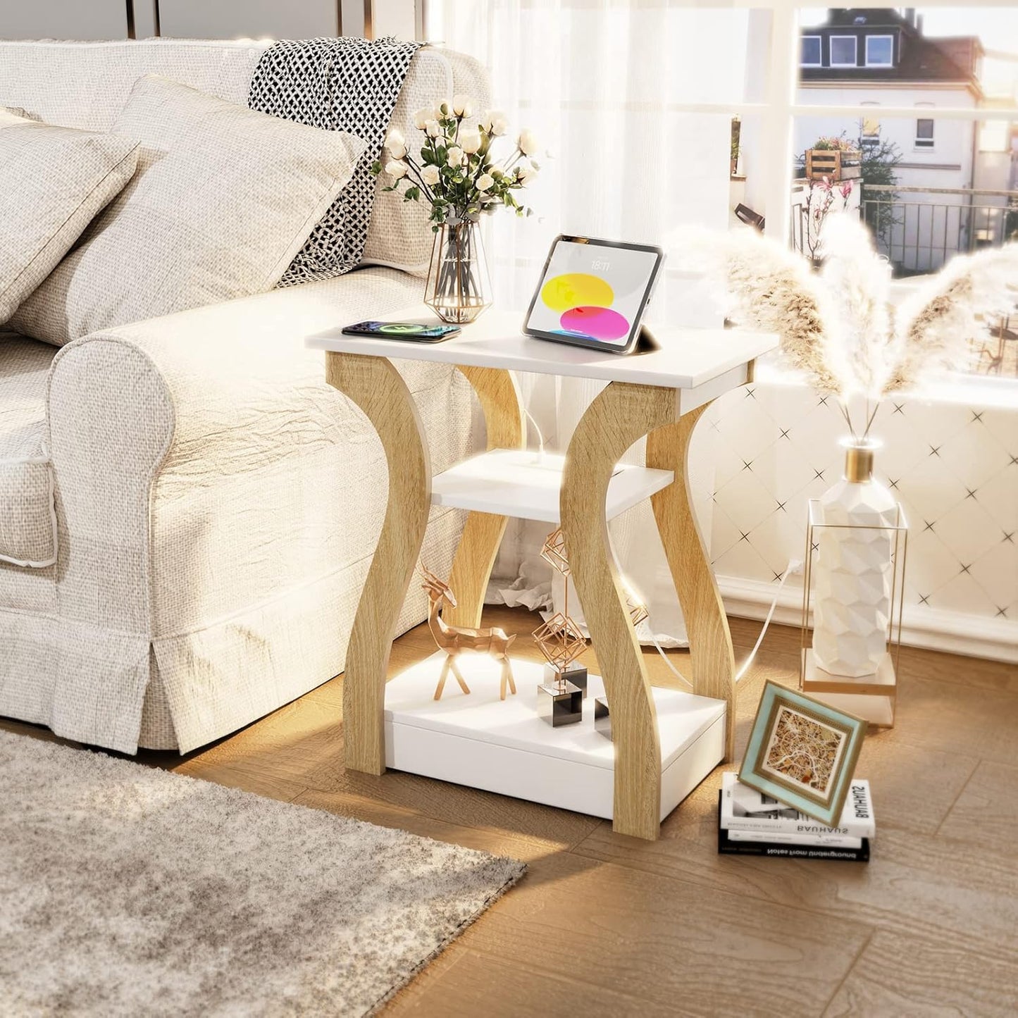 End Table with Charging Station, Side Table with USB Ports and Outlets, Nightstand, 3 Tier End Table with Storage Shelf for Living Room, Bedroom (White)