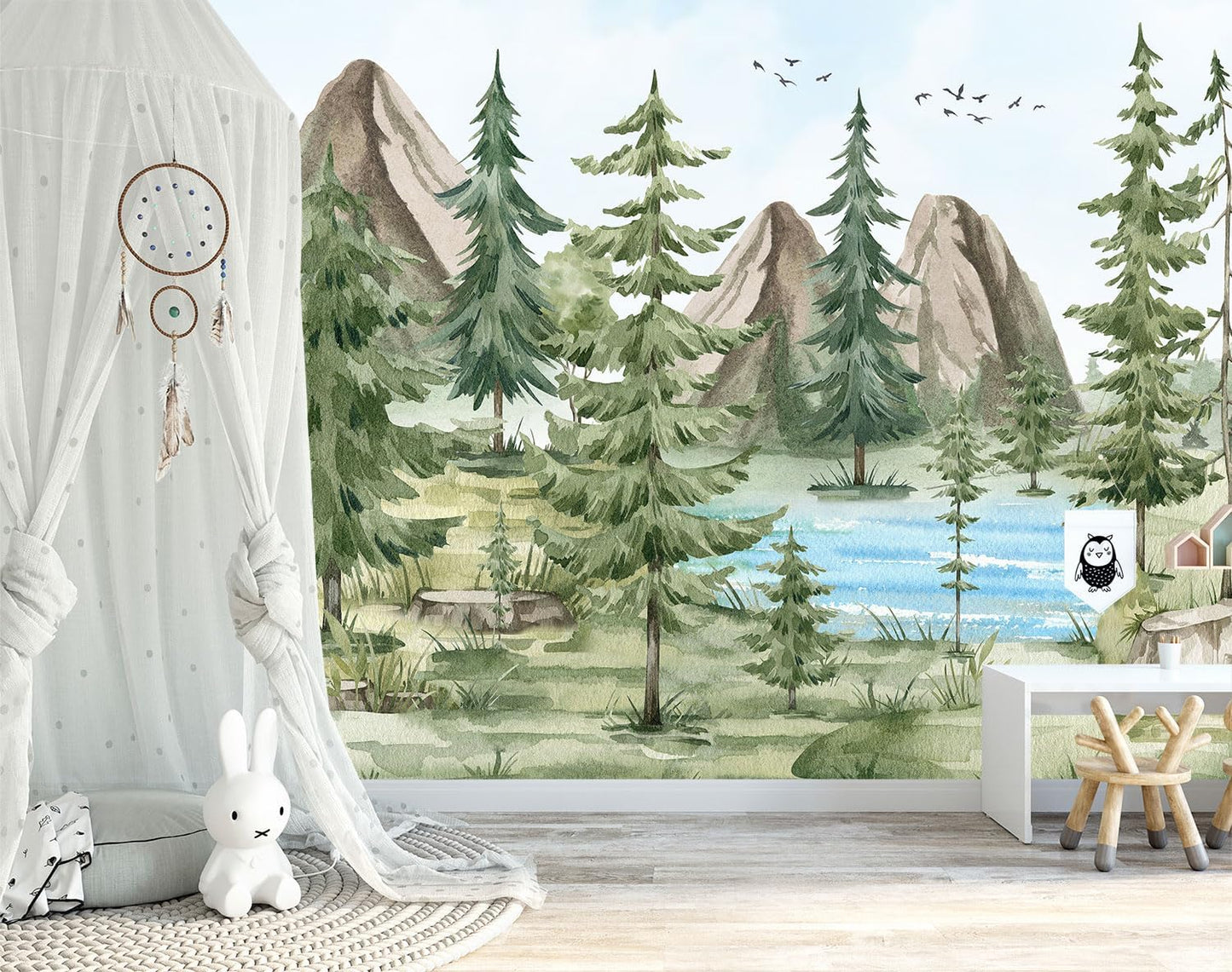 -Watercolor Green Pine Mural Cartoon Forest Fabric Wallpaper Children's Room 180" x 115"(Not Peel and Stick)