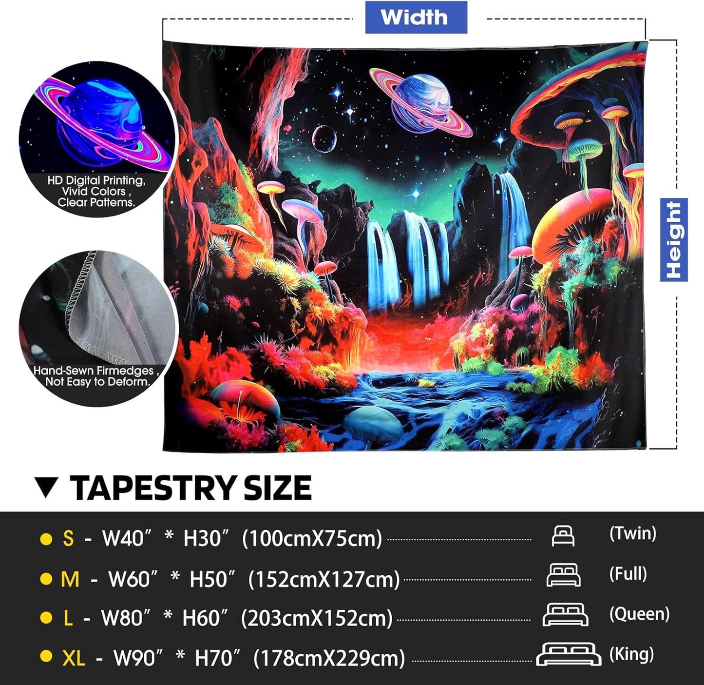 ADDWel Blacklight Mushroom Planet Tapestry, Black Fantastic Tapestry Glow In The Dark, UV Reactive Black Light Posters Wall Hanging for Bedroom Dorm Living Room Backdrop Decor