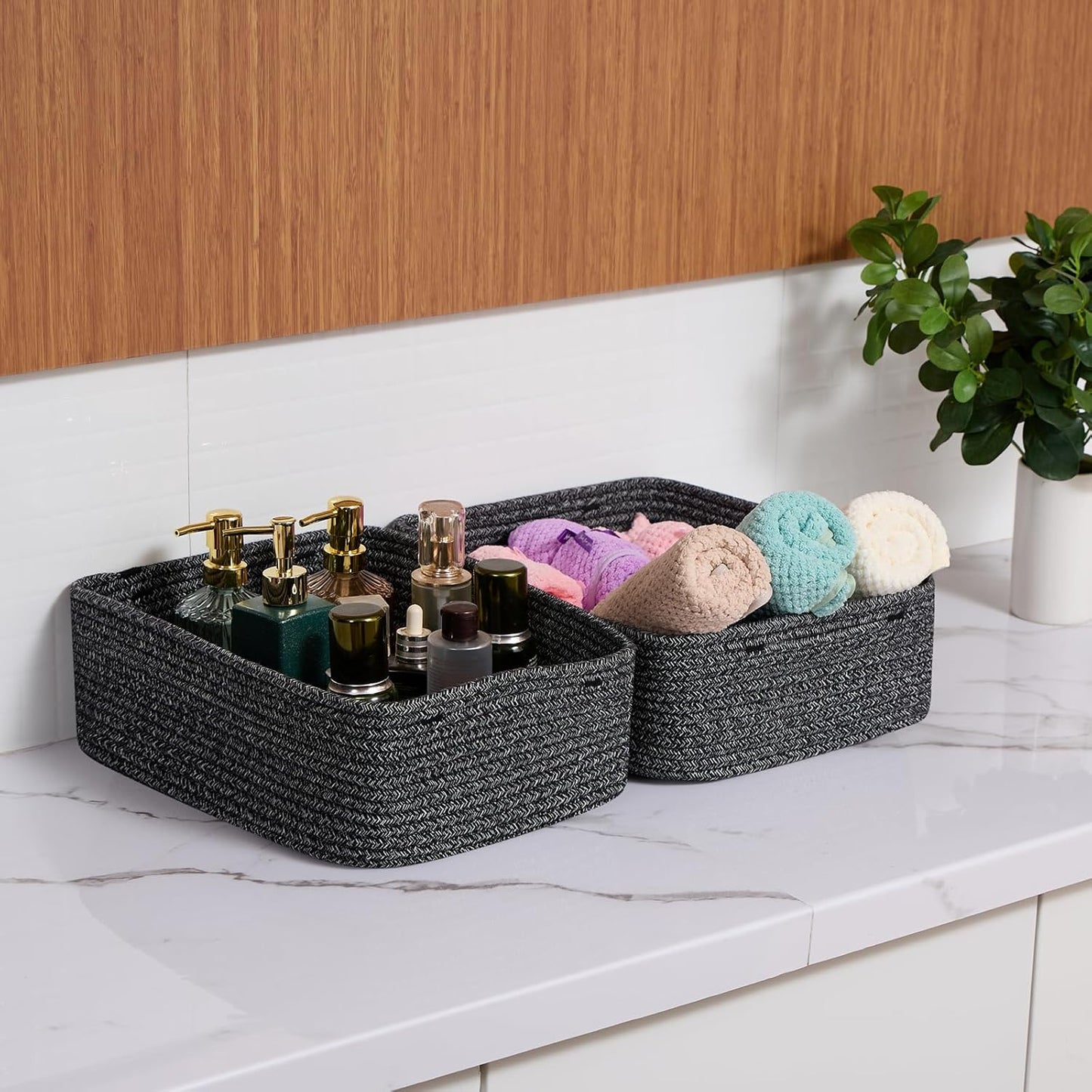 Large Shallow Organizing Baskets 15x11x5.1 Inches - Rope Woven Storage Bins for Bathroom, Shelves, Cube Closet, Mixed Black 2 Packs