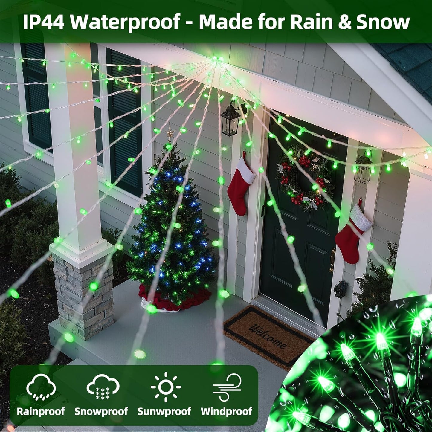 300LED Christmas Lights Outdoor Indoor Use, 12 Lighting Modes 75ft Christmas Tree Lights with Timer, Dimmable Plug in Green LED StringLights Waterproof for Yard Tree Wedding Party Holiday Green