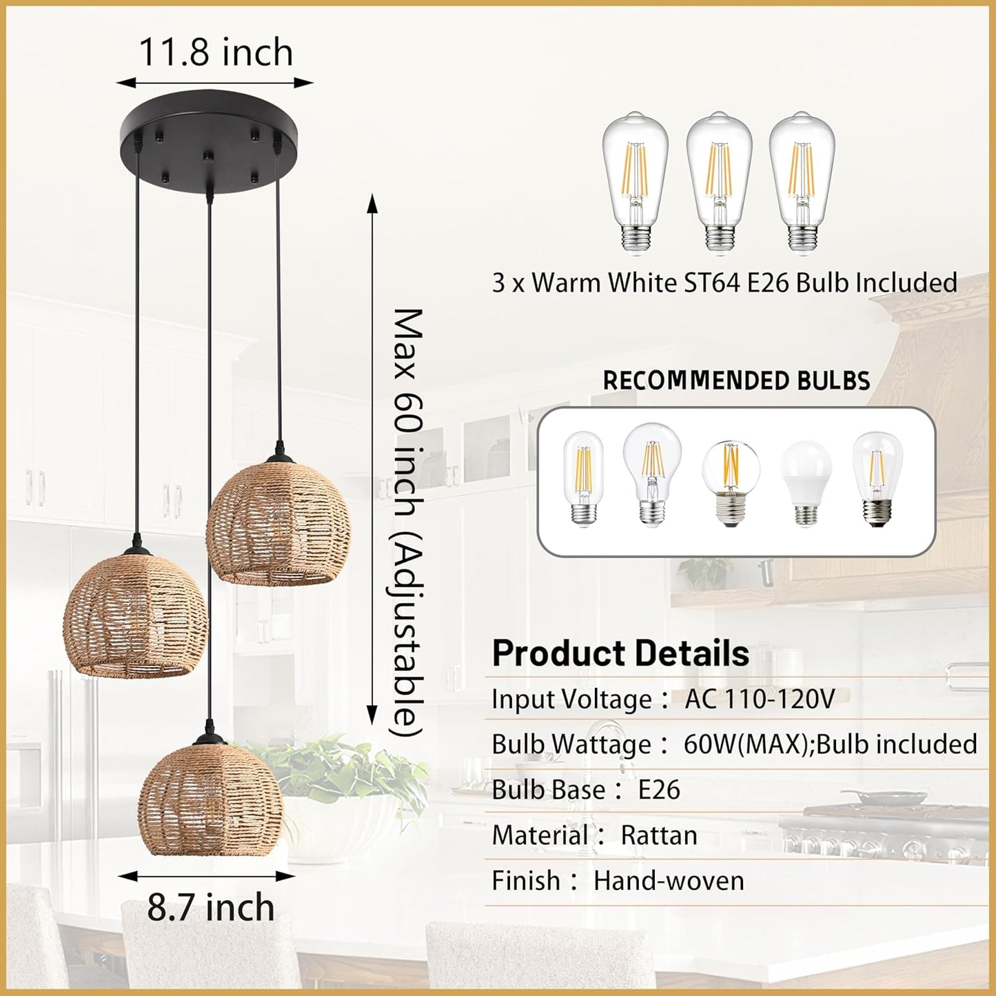 3-Light Mini Hemp Rope Woven Pendant Light Kitchen Island,3 Dome Hand Woven Boho Rattan Chandelier Farmhouse Wicker Ceiling Light,rustic Light Fixture For Living Room Hallway Dining Room(Bulb Incl.