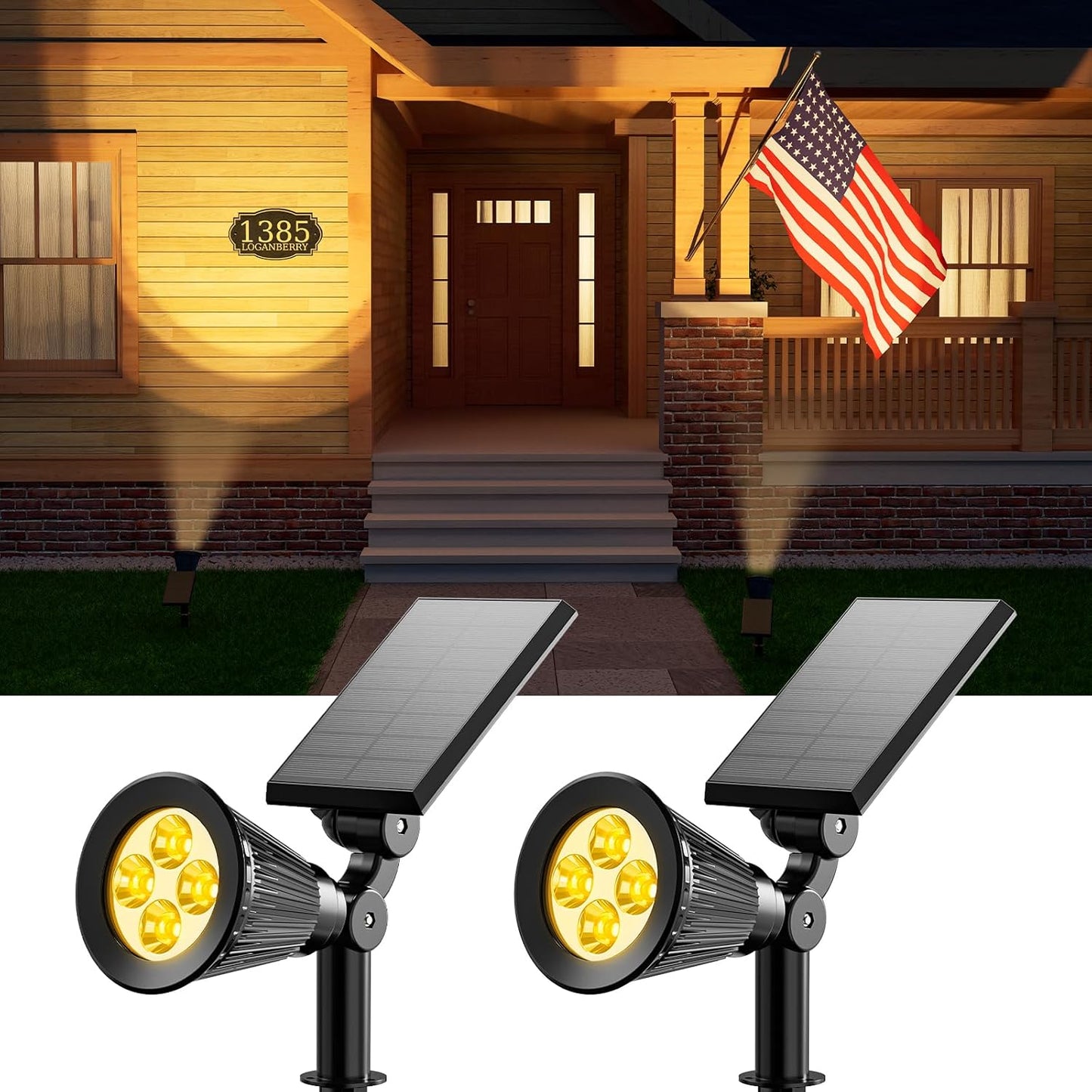 2 Pack Solar Spotlights Outdoor Waterproof for Flag, Tree, Statue, Wooden Sign, Plant Pot, Bright LED Outside Landscape Flood Lamp for Decoration Uplighting Yard, Garden, House, Walkway, Ground, Fence