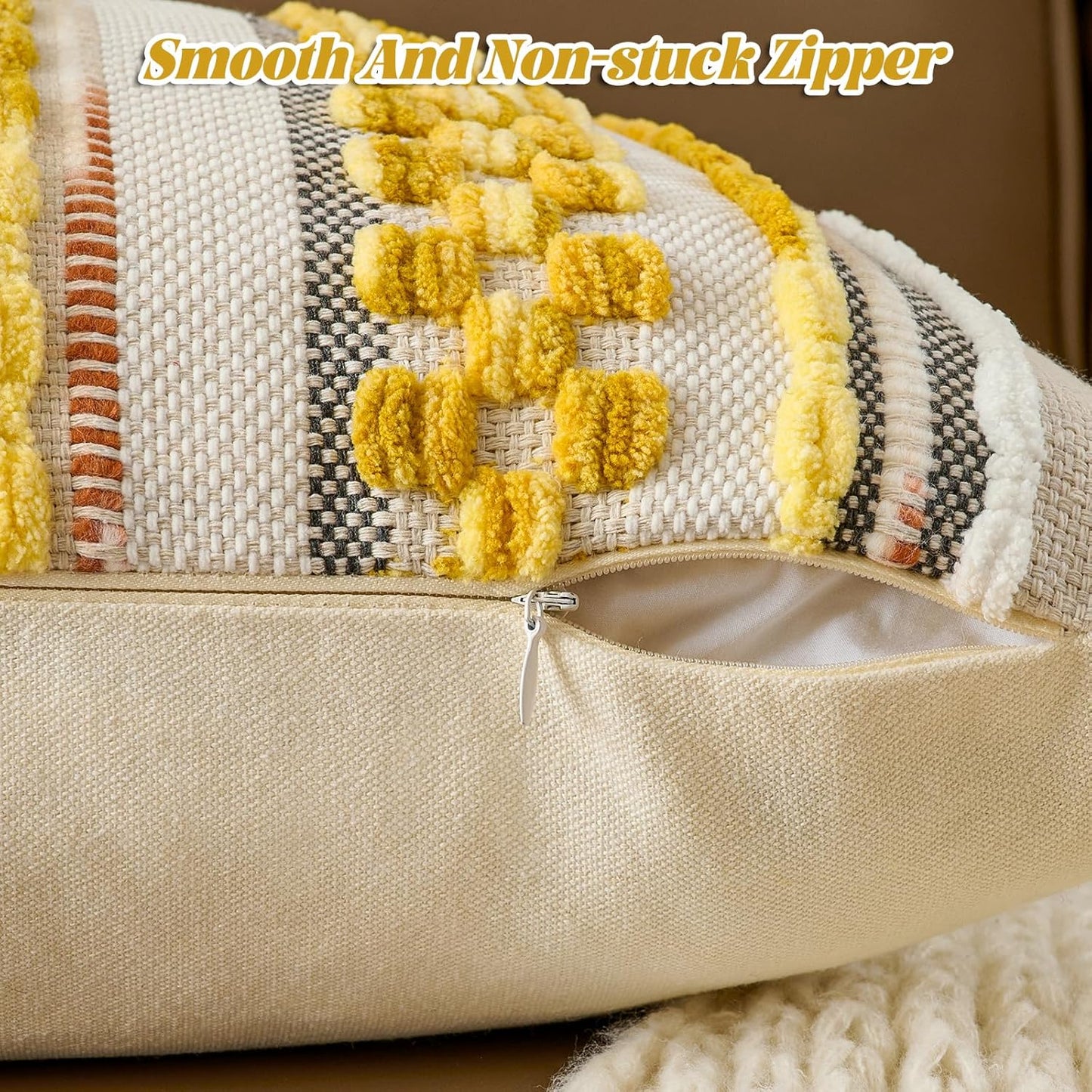 AmHoo Set of 2 Chenille Striped Textured Boho Throw Pillow Covers Aesthetic with Tassels Woven Decorative Pillow Case for Couch Bed Sofa Bedroom Modern Funky 18 x 18-Inch Yellow