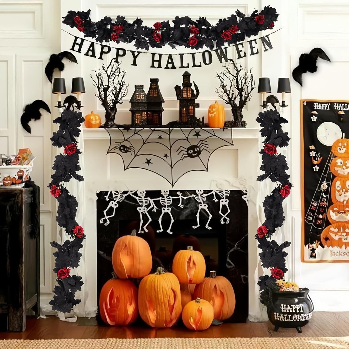 Artificial Black Garland Hanging Vine Artificial Floral Vines Fall Garland Hanging Flower Fake Rose Vines for Black and Burgundy Wedding Decor Halloween Indoor Outdoor Party Wall (Red Rose)