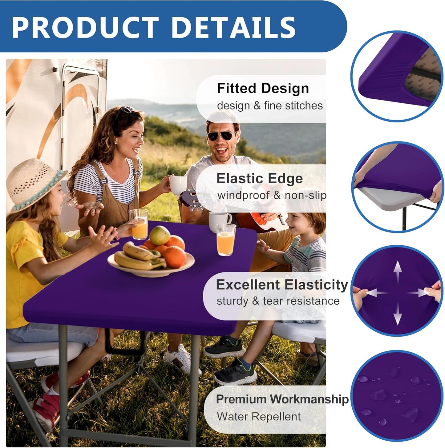 Fitted Tablecloth for 8 foot Rectangle Table-4 Pack Dark Purple Elastic Outdoor Picnic Table Cover-Spandex Stretch Folding Tablecloths 8ft for Camping Dining Room Patio Kitchen Banquet Party