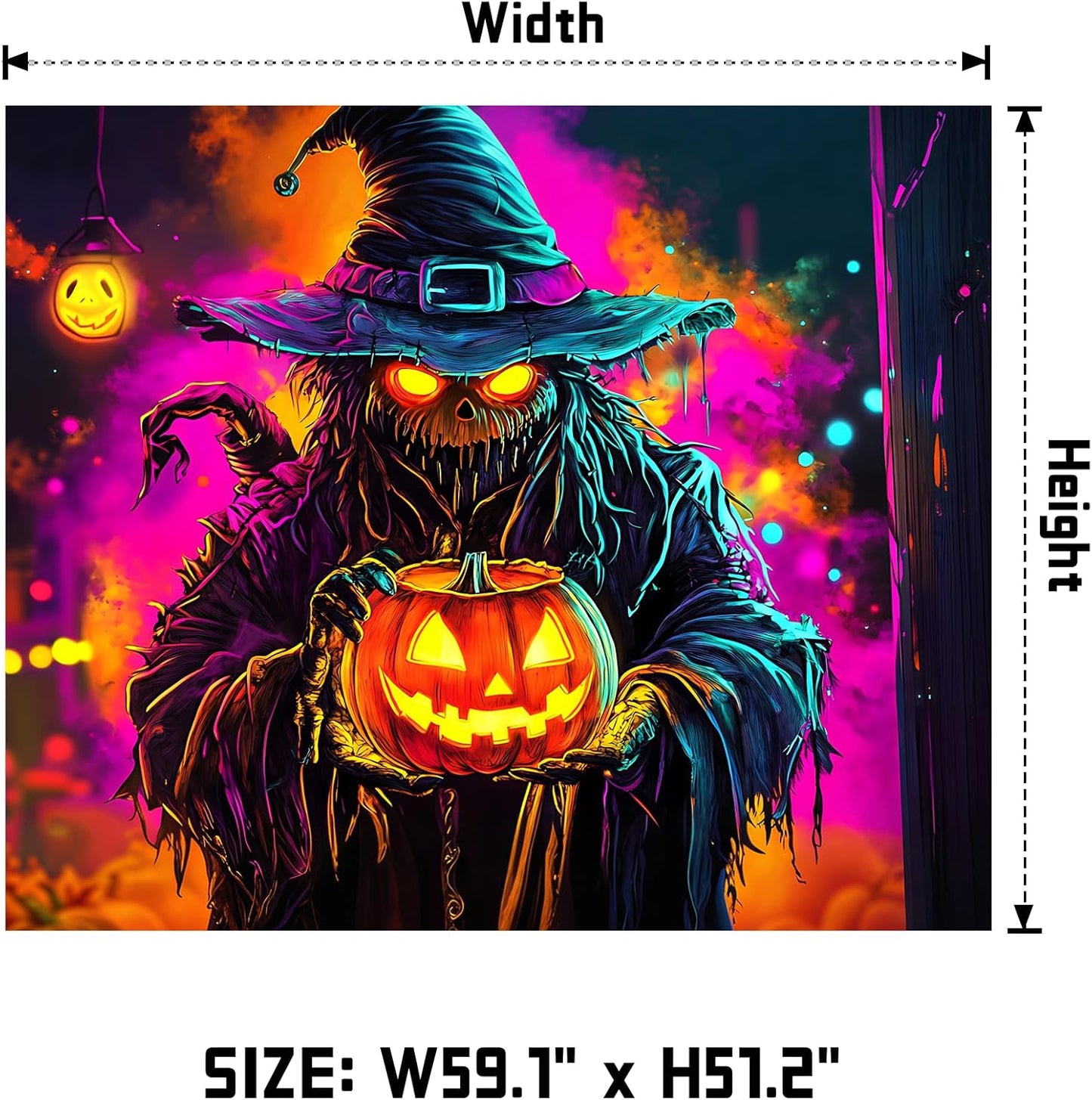 AOHMPT Glow-in-the-Dark Halloween Tapestry - UV Reactive Black Light Wall Hanging Decor for Spooky Parties, Bedroom, Living Room (Scarecrow-Pumpkin, 59" L x 51" W, Unframed)