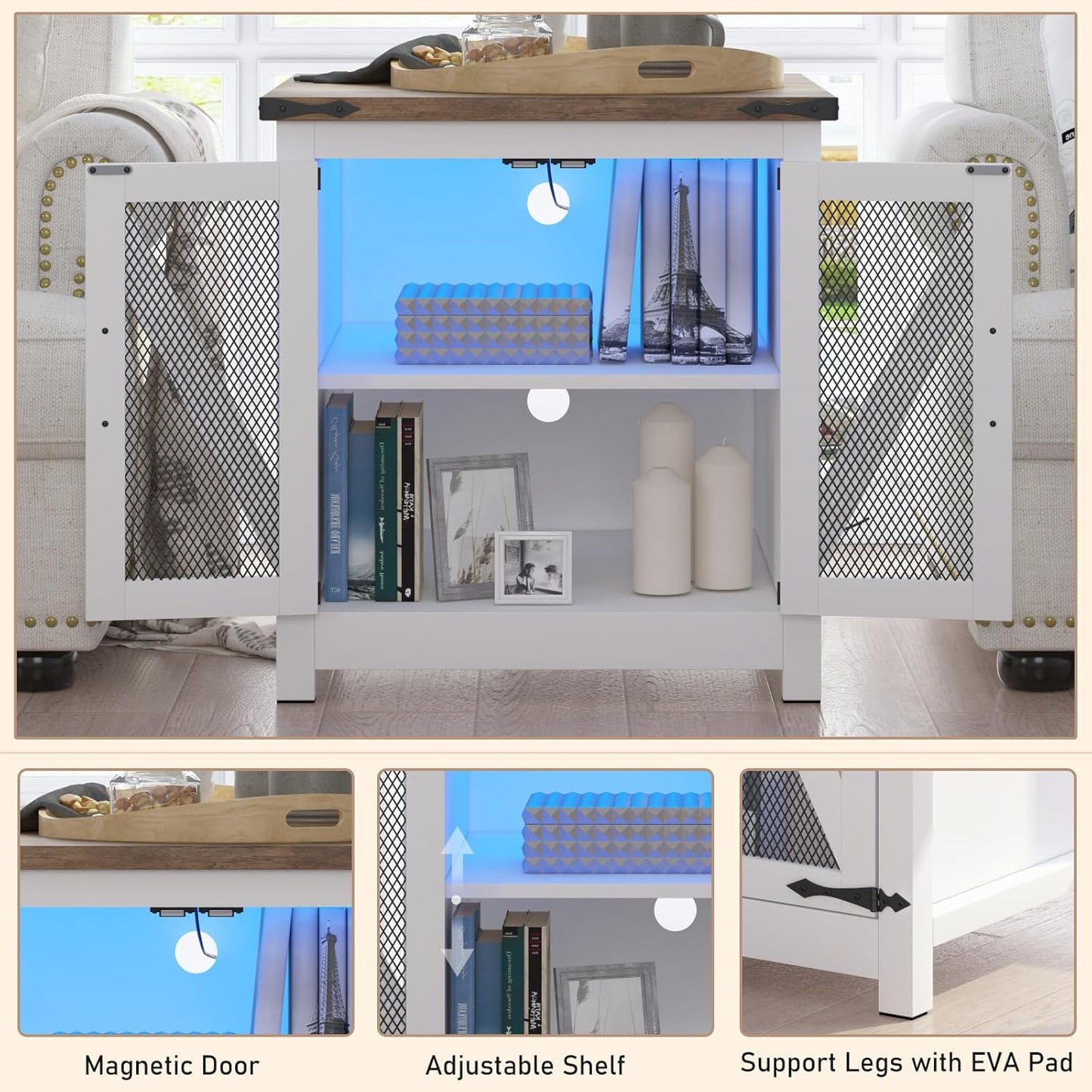 Farmhouse End Table, 24" Large Sofa Side Table with Charging Station, Mesh Barn Door, and Adjustable Storage Shelf, Rustic Wood Square Nightstand for Living Room, Bedroom, Office, White &Brown