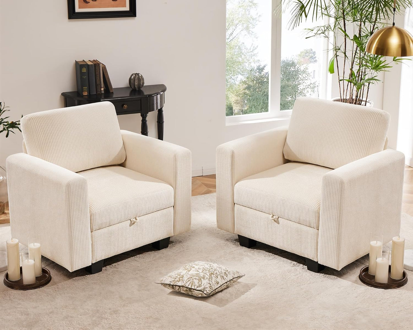 38.5 Oversized Accent Chair with Storage Ivory Corduroy Set of 2, Single Modern Accent Sofa with Arms Chair for Apartment Living Room (21" Deep Seat)
