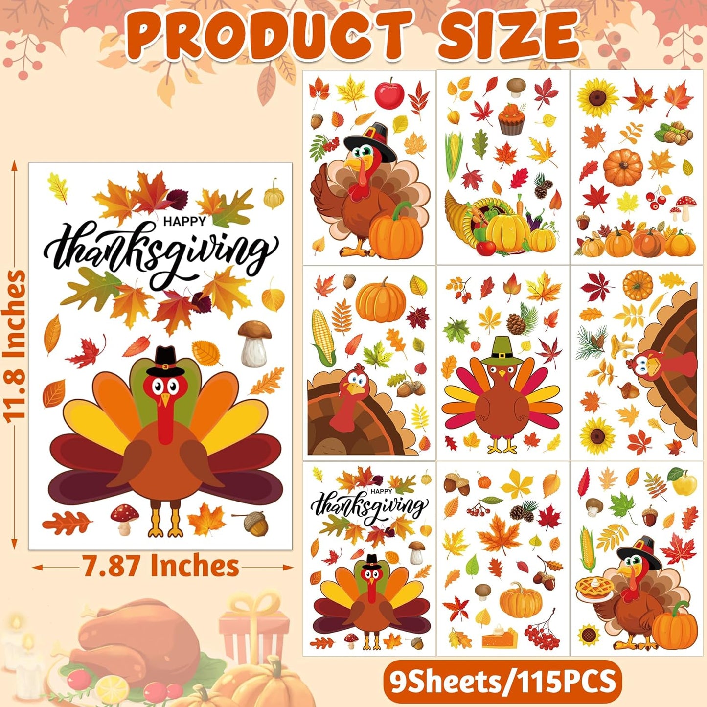 9 Sheets Thanksgiving Window Clings, 115PCS Thanksgiving Decorations Window Stickers, Turkey Decal Stickers with Cute Cones Nuts Maple Leaves Patterns for Fall Harvest Decorations Decor Accessories