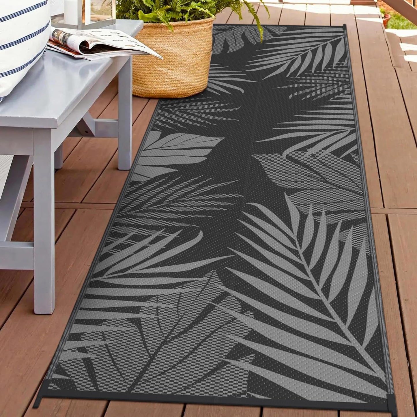 GENIMO Outdoor Rug 2.5' x 8' Waterproof for Patios Clearance, Reversible Outdoor Plastic Straw Camping Rug Carpet, Large Area Rugs Mats for RV, Camper, Deck, Balcony, Porch, Beach, Picnic, Black&Grey