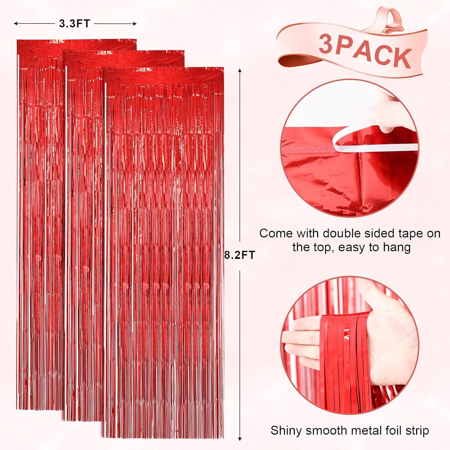 3 Pack 3.3 x 8.2 ft Laser Red Foil Fringe Backdrop Curtains, Tinsel Streamers Birthday Party Decorations, Fringe Backdrop for Graduation, Baby Shower, Gender Reveal, Disco Party