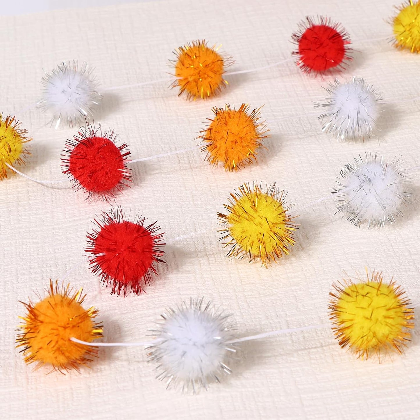 4 Pack Fall Glitter Felt Ball Garlands, Glittery Pom Pom Garland Orange, Yellow, White, Red Large Felt Ball Decorations for Autumn Thanksgiving Halloween Party Decor