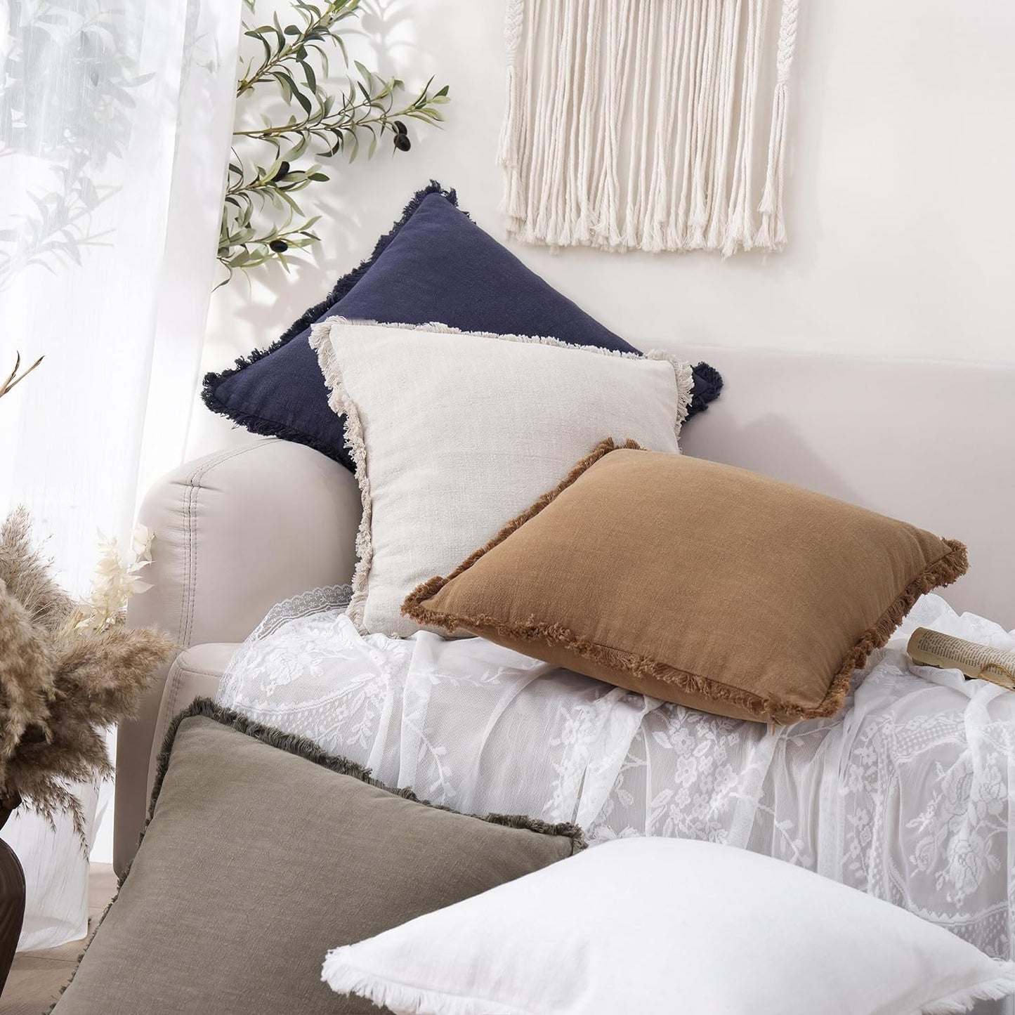 Foindtower Set of 2 Decorative Linen Fringe Throw Pillow Covers Cozy Boho Farmhouse Cushion Cover with Tassels Soft Accent Pillowcase for Couch Sofa Bed Living Room Home Decor, 24×24 Inch, Khaki Brown