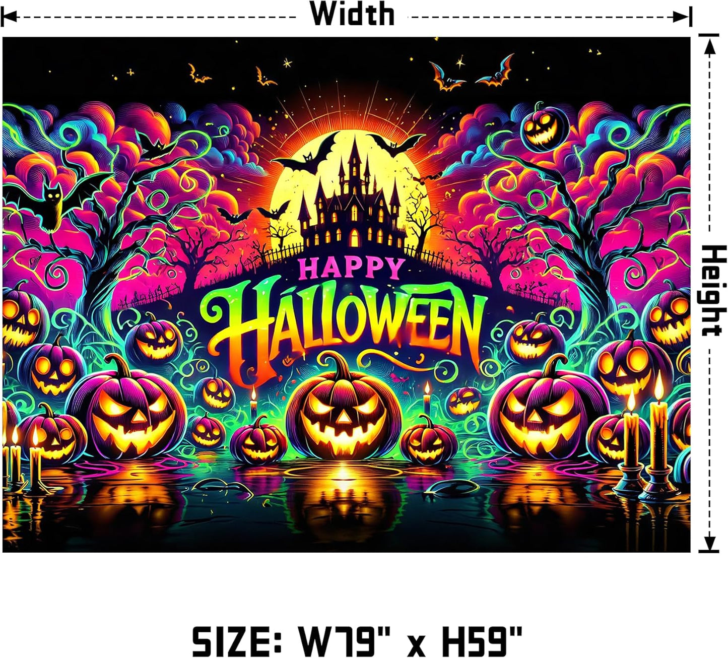 AOHMPT Glow-in-the-Dark Halloween Tapestry - UV Reactive Black Light Wall Hanging Decor for Spooky Parties, Bedroom, Living Room (Pumpkin-Castle, 79L x 59W, Unframed)