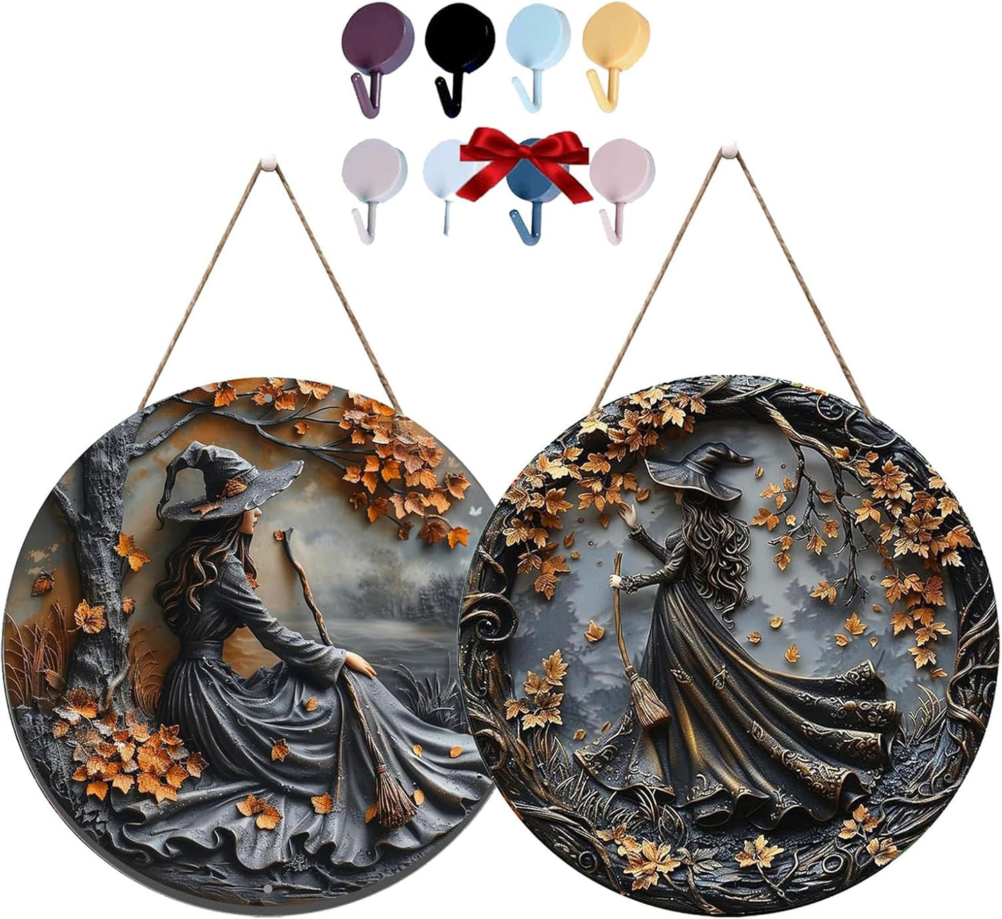 Fanyil/Olygee/Sherum/Shirem/Pubyfun/Glosrity/Libilin/Graddi/Solymody/Gowebs/Goredny/Vianys Witching Hour, Door Way Hanging Decor Halloween, 2D Wooden Round Witches Sign (B+C, 11.8")