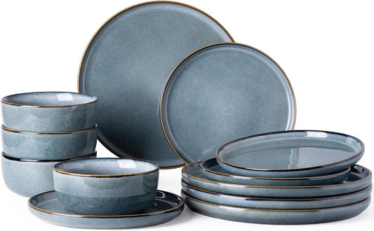 GBHOME Ceramic Dinnerware Sets for 4, 12 Pieces Stoneware Plates and Bowls Sets, Reactive Glaze Dishes -Scratch Resistant, Dishwasher&Microwave Safe, Space Blue