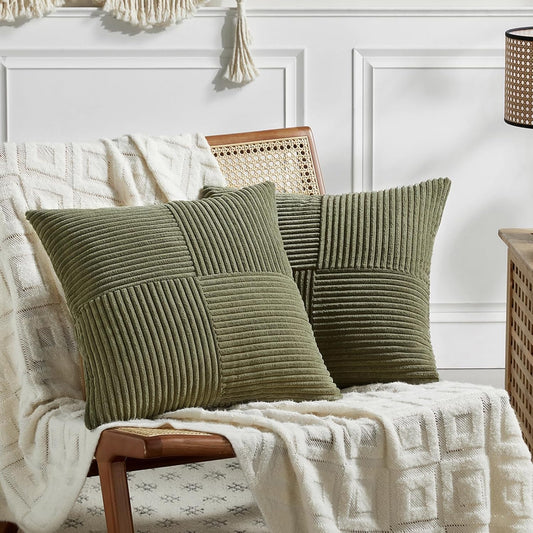 Fancy Homi 2 Packs Olive Green Samll Decorative Throw Pillow Covers 14x14 Inch with for Couch Bed Sofa, Rustic Farmhouse Boho Home Decor, Soft Corss Patchwork Corduroy Square Cushion Case 35x35 cm